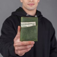 "SMALL WALLET Mens Wallet Personalized Wallet Personalized Slim Front Pocket Wallet Men's Cardholder Perfect Gift This is a perfect design for your credit cards, business cards, and some folded cash. SUPER MINIMALIST & SLIM: This wallet is extremely convenient to be carried around in your front or back pocket. PRODUCT DIMENSIONS 5.31 by 3.5 in PRODUCT FEATURES -- 1 Folded cash pocket -- 6 credit card pockets allowing you to carry 6+ cards. PERSONALIZATION INSTRUCTIONS ] (optional Tell us your in Front Pocket Wallet Men, Cards Business, Front Pocket Wallet, Mens Wallet, Personalized Wallet, Pocket Wallet, Small Wallet, Green Leather, Wallet Men