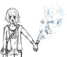 a drawing of a girl holding the hand of a boy with butterflies flying around her