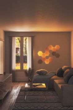 Living Room Wall Light Panels Nanoleaf Elements Wood Look Hexagons Zen Meditation Room, Burning Embers, Classic Fireplace, Wall Lights Living Room, Lighting Decor, Big Windows, Room Design Bedroom