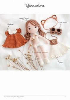 a crocheted doll is shown with other items