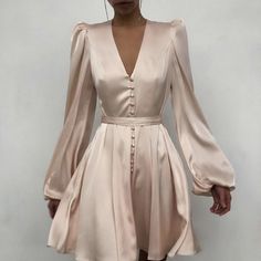 Long Sleeve Satin Dress, Slim Dress, Long Sleeve Casual Dress, Mini Dress Casual, Lantern Sleeve, Mode Inspiration, Mini Dress With Sleeves, Classy Dress, Looks Vintage