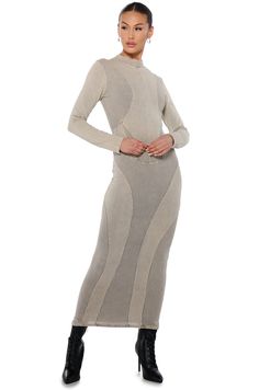 Coz, elevated, cool. Could describe you or The AKIRA Label Claira Mineral Wash Contour Midi Dress. This soft, stretchy knit piece features a mock neck collar, long sleeves, a curve-hugging bodycon silhouette, and a midi length design. Complete with sporty ribbed knit contrast detailing throughout and a pull-on fit. Style with your fave longline coat and knee-high boots for a chic and edgy finish. - Self: 94% Cotton 6% Spandex, Contrast: 94% Cotton 6% Spandex - Super Stretchy - Imported (all measurements are approximate from size small) - 48” Shoulder to Hem - 12” Shoulder to Shoulder - 22” Sleeves - Model is 5'7" Product ID: 387645 Longline Coat, Fit Style, Neck Collar, Long A Line, High Boots, Knee High Boots, Midi Length, Mock Neck, Knee High