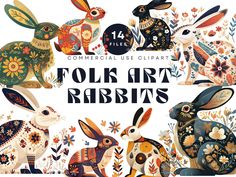 the folk art rabbits are painted in different colors