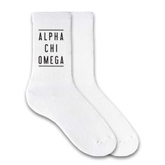 A popular style, these super cute Alpha Chi Omega crew socks are essential additions to your Greek sock wardrobe! The Alpha Chi Omega sorority socks has a simply classic design printed on the outside of each sock. Fits women’s shoe size 5-9 Cotton/Nylon fabrication, ½ cushion sole Design is digitally printed on the socks with eco-friendly apparel inks Machine wash warm, non-chlorine bleach only, and tumble dry Sold by the pair, bulk discounts available Print-to-order and hand processed in the US Sigma Kappa Sorority, Alpha Delta Pi Sorority, Delta Gamma Sorority, Alpha Phi Sorority, Delta Zeta Sorority, Kappa Delta Sorority, Alpha Epsilon Phi, Sigma Delta Tau, Theta Phi Alpha