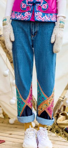 Elegant high waist pants fall fashion denim blue design patchwork pant Fall Fashion Denim, Loose Linen Pants, Summer Linen Pants, Cotton Linen Pants, Painted Jeans, Fall Denim, Stylish Pants, High Waist Pants, Cuffed Pants