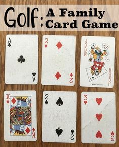 four different playing cards with the words golf family card game written on them in black and white