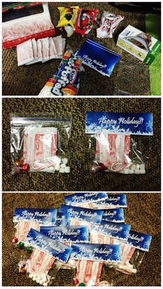 several different pictures of candy wrapped in plastic wrappers and some are on the floor