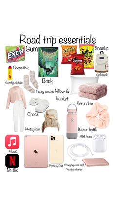 the road trip essentials list is shown in this graphic above it's contents