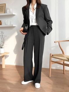 Gender Neutral Pant Suit, Black Coat And Pants Women Formal, Tailored Office Wear Set With Pockets, Business Sets With Pockets For Spring, Spring Business Sets With Pockets, Black Office Lady Pantsuit, Black Business Casual Suits