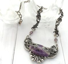 $78.99, FOLD OVER TOP OF STONE, LONG CHAIN PIECES.......Silver Victorian Necklace Purple Statement by KarenTylerDesigns Lavender Stone Jewelry Gift, Vintage Amethyst Jewelry For Healing, Mystical Purple Jewelry With Natural Stones, Artisan Purple Wire Wrapped Jewelry, Artisan Purple Jewelry With Natural Stones, Artisan Purple Gemstone Jewelry, Artisan Jewelry With Purple Natural Stones, Unique Purple Gemstone Beads Jewelry, Unique Purple Gemstone Beaded Jewelry