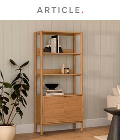 a wooden shelf with books on it next to a potted plant