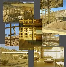 multiple pictures of different structures in the desert