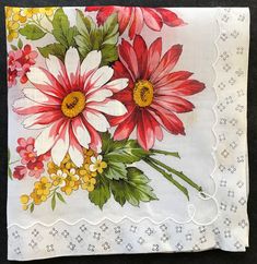 A vintage hanky with red and white daisies is a breath of summer. It is printed with bold red and white daisies and sprigs of yellow forget-me-nots on a cotton fabric. The borders of this vintage handkerchief is doubled and secured with a sewn scalloped line. The hem is scattered with simple flowers in black on this vintage summer like hankie. The label is still affixed so it hasn't been used. The vintage hankie measures 14 1/2 inches square. Lace Handkerchief, Purple Flowers Wallpaper, Happy Birthday Vintage, Vintage Handkerchief, White Daisies, Rock Island, Forget Me Nots, Vintage Candy, Vintage Handkerchiefs