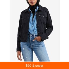 in stock Black Denim Jacket Outfit, Shirt Jacket Womens, Black And Black, Denim Jacket Outfit, Denim Trucker Jacket, Basic Jackets, Black Denim Jacket, Levis Women, Trucker Jacket