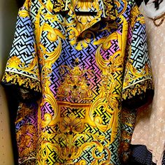 Fendi Fendace Baroque Silk Shirt Gold/Multi Xl Excellent Condition Designer Multicolor Summer Shirt, Luxury Multicolor Spring Shirt, Luxury Multicolor Silk Tops, Designer Baroque Print Tops For Summer, Luxury Blue Shirt, Summer Baroque Print Short Sleeve Tops, Luxury Blue Shirt For Summer, Luxury Blue Summer Shirt, Versace Collection