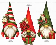 three gnomes with christmas hats and presents