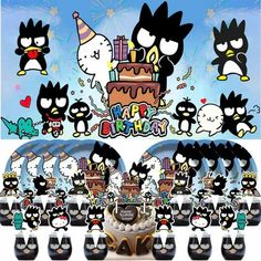 a group of black and white cartoon cats standing next to each other in front of a birthday cake