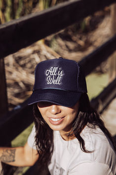 All is Well! Say it out loud! Trucker hats at jaydenp.com Trucker Hats For Women, Seasons Activities, Beach Towel Bag, Cropped Graphic Tees, Cute Beanies, Boho Hat, Heeled Mules Sandals, Hat Style, Hair Fragrance