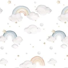 a white background with rainbows, stars and clouds