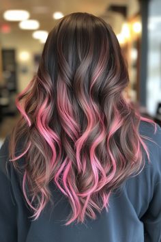 Cute Hair Dye Ideas For Brown Hair, Fun Light Brown Hair Color Ideas, Light Pink Peekaboo Hair Dark Brown, Dark Hair With Pink Balayage, Partial Dyed Hair Ideas, Pink Tip Hair Brown, Pink Baylage Hair Dark Brown, Black Hair With Highlights Pink, Fun Hair Color For Brunettes