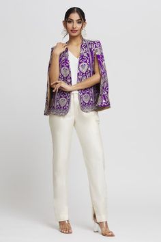 Purple blazer with resham embroidery in floral pattern. - Aza Fashions Embroidered Silk Bandhgala For Party, Elegant Silk Nehru Jacket With Intricate Embroidery, Formal Outerwear With Resham Embroidery, Silk Outerwear With Intricate Embroidery, Floral Embroidered Brocade Sets, Elegant Embroidered Silk Nehru Jacket, Elegant Embroidered Designer Nehru Jacket, Elegant Embroidered Nehru Jacket For Designer Wear, Elegant Nehru Jacket With Intricate Embroidery For Spring