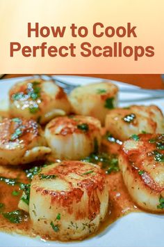 scallops in sauce on a white plate with the title how to cook perfect scallops