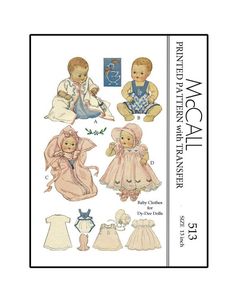 sewing pattern for baby's dress, bonnet and booties with doll clothes on the front