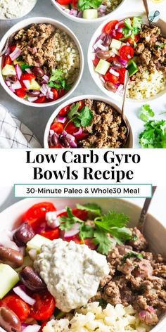 low carb gyro bowl is ready to be eaten and served in bowls