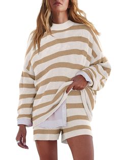 PRICES MAY VARY. LOUNGEWEAR SET-The soft, warm knit fabric of these lounge sets for women makes pajamas for women set ideal for layering or wearing on their own. Two piece loungewear sets are incredibly comfortable and fashionable SWEATER SET-The top of the casual outfits for women features a scoop neck, dropped shoulders, dolman sleeves, and an oversized style. Womens trousers of lounge sets for women 2 piece with a ribbed waistband and effortless pull-on style SIZE-This womens loungewear set i Relaxed Knit Sweater For Loungewear, Relaxed Fit Knit Sweater For Loungewear, Oversized Fall Sleepwear For Lounging, Affordable Brown Sweater For Loungewear, Beige Fall Sleepwear For Lounging, Oversized Sleepwear For Lounging In Fall, Comfy Cream Sweater For Loungewear, Comfy Beige Sweater For Loungewear, Beige Long Sleeve Sleepwear For Fall