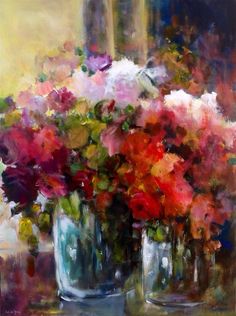 an oil painting of colorful flowers in vases