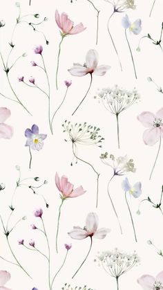 a white background with pink and purple flowers on the left side of the image is an illustration of wildflowers in pastel colors