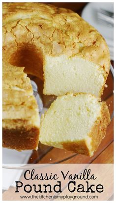 a close up of a cake on a plate with the words classic vanilla pound cake