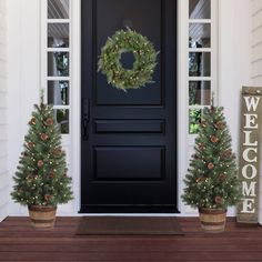 two potted christmas trees sitting in front of a black door with a welcome sign