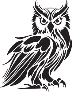 an owl sitting on the ground with its wings spread out and eyes wide open, in black and white