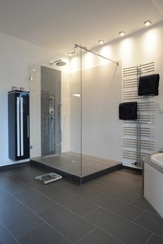 a bathroom with a walk in shower next to a sink and bathtub on the floor