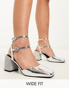 ASOS DESIGN Wide Fit Saffy embellished block heeled mid shoes in silver | ASOS Chunky Flat Boots, Mid Shoes, Black Suede Flats, Embellished Flats, Black Platform Heels, Leather Western Boots, Block Heel Ankle Boots, Suede Boots Knee High, Chelsea Ankle Boots