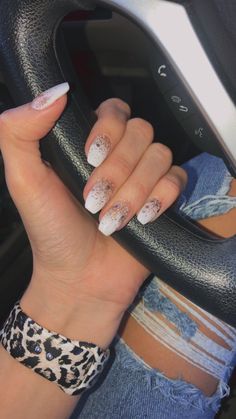 White Nails Rose Gold Glitter, New Years Nails White And Glitter, Short Coffin New Years Nails, Coffin Dip Nail Ideas, New Years Nails Acrylic Coffin Short, Nye Nails Dip Powder, White With Gold Glitter Nails, New Years Wedding Nails, White Dip Powder Nails Short