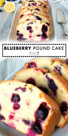 blueberry pound cake on a white plate with lemons