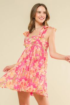 A printed woven mini dress featuring straight neckline, shoulder ties, pleated bodice, full skirt and smocked back bodice Details: Self : 100% PolyesterLining : 100% Polyester Size & Fit - Model is 5`8" And Wearing Size Small- Measurements Taken From Size Small- Approx. Length: 46.5" Pink Mini Dress With Smocked Bodice And Ruffled Straps, Pink Sundress With Square Neck And Tie Straps, Vacation Dress With Ruffled Straps And Lining, Lined Dress With Ruffled Straps For Vacation, Pink Square Neck Sundress With Tie Straps, Vacation Dresses With Ruffled Straps And Lining, Pink Square-neck Sundress With Tie Straps, Flowy Sundress With Square Neck, Pink Square Neck Sundress For Vacation