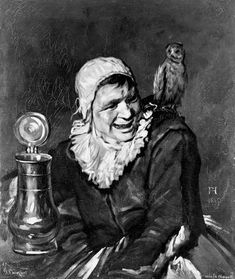 an old black and white drawing of a woman with owl on her shoulder