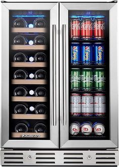 two refrigerators that are open with drinks in them