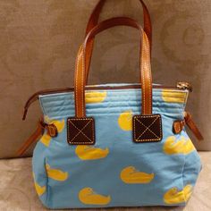 Dooney Vintage Duck Bag Leather Flat Two Straps Cloth Body Yellow Ducks Lined Pink Smoke N Pet Free Home Casual Yellow Bag With Leather Handles, Yellow Canvas Shoulder Bag With Handles, Duck Bag, Vintage Duck, Yellow Duck, Vintage Color, Denim Bag, Dooney & Bourke Bags, Bag Vintage