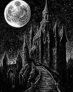 a black and white drawing of a castle at night