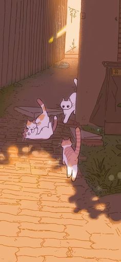 three cats are running down the sidewalk in front of a house