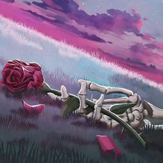 a painting of a skeleton laying on the ground with a rose in it's mouth