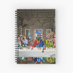 the last supper spiral notebook with an image of people in costumes eating and drinking from bowls