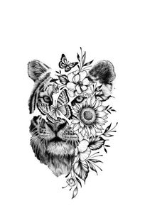 a black and white drawing of a tiger with flowers on it's head,