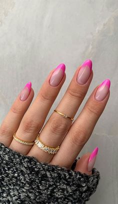 Nails Acrylic Almond Hot Pink, Hot Pink French Tip Nails Almond Long, Pink And Orange French Tip Nails Almond, Hot Pink Tips Nails, Hot Pink Nails Acrylic, Hot Pink Almond Nails, Pink French Tip Nails Almond, Neon French Tip Nails, Almond Nails Pink