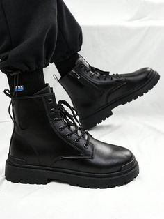 Men Slip-Resistant Side Zip Casual Ankle Boots, Simple Black Leather High-Top Boots Black         Men Shoes, size features are:Bust: ,Length: ,Sleeve Length: Motorbike Leathers, Leather Work Boots, Casual Ankle Boots, High Top Boots, Leather High Tops, Zipper Boots, Leather Riding Boots, Mens Shoes Boots