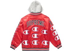 Supreme Champion Hooded Satin Varsity Jacket Red University Red Winter Sports Outerwear, Collegiate Red Hooded Outerwear, Red Varsity Sports Outerwear, University Red Hooded Winter Outerwear, Hooded University Red Winter Outerwear, University Red Hooded Outerwear For Fall, Red Sport Coat For Winter Sports, Red Hooded Track Jacket With Ribbed Cuffs, Red Winter Sport Coat